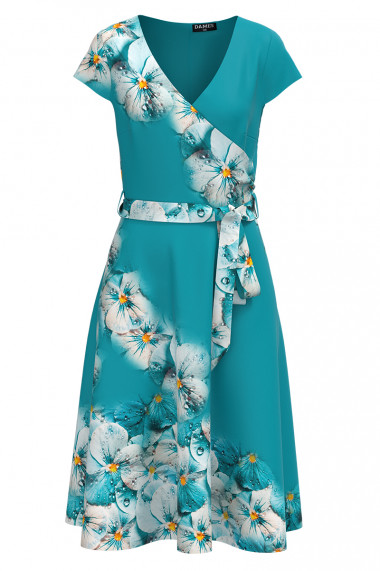 Rochie turcoaz de vara cu maneca scurta imprimata cu model Floral CMD2913