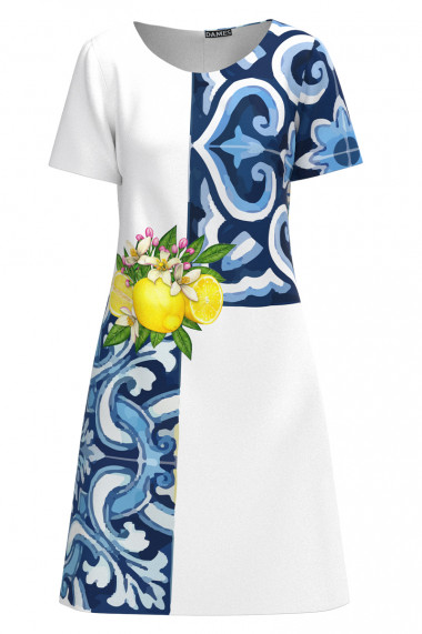 Rochie casual alba imprimata cu model Albastru flori de lamai CMD2927