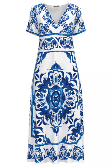 Rochie de vara alba lunga cu buzunare imprimata cu model Albastru CMD2939