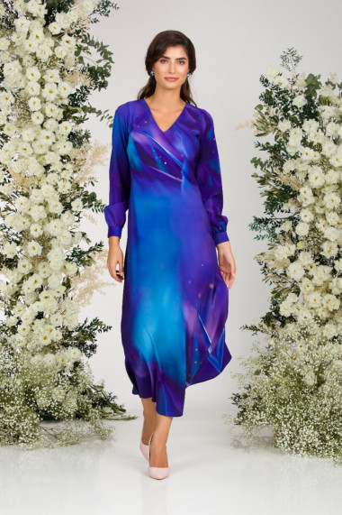 Rochie albastru violet eleganta cu maneca lunga imprimata digital CMD2944