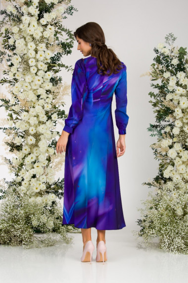Rochie albastru violet eleganta cu maneca lunga imprimata digital CMD2944