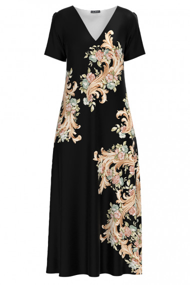 Rochie neagra de vara lunga cu buzunare imprimata cu model Floral CMD2971