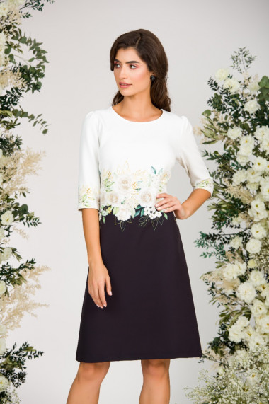 Rochie casual alb negru imprimata cu model trandafiri CMD2995
