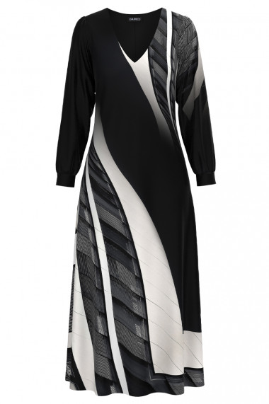 Rochie neagra eleganta cu maneca lunga imprimata cu model grafic in contrast CMD3008