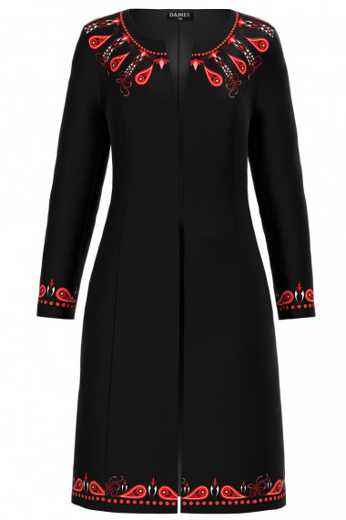 Jacheta de dama neagra lunga imprimata cu model Etnic rosu CMD3050