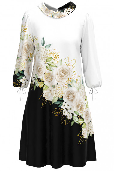 Rochie casual alb negru cu imprimeu trandafiri CMD3067
