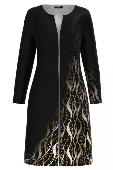 Jacheta de dama neagra lunga imprimata cu model abstract CMD3078