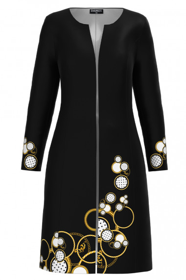 Jacheta de dama neagra lunga imprimata cu model geometric CMD3079