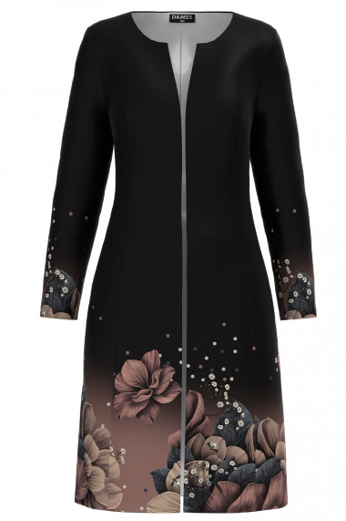 Jacheta neagra de dama lunga imprimata cu model floral CMD3180