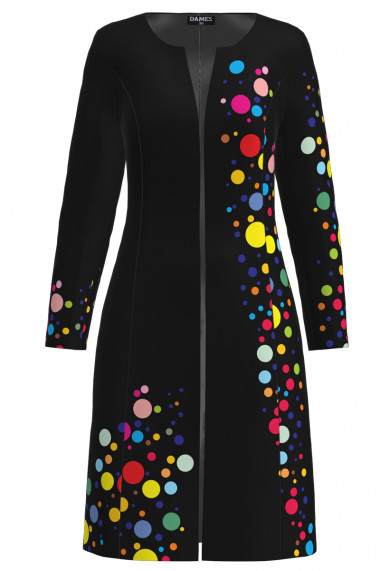 Jacheta neagra de dama lunga imprimata cu model buline colorate CMD3192