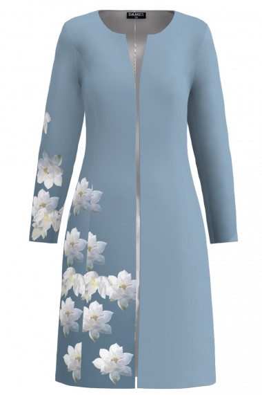 Jacheta de dama bleu lunga imprimata cu model Nuferi CMD3207