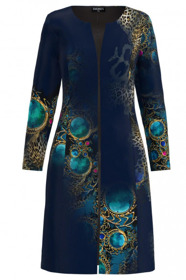 Jacheta de dama bleumarin lunga imprimata cu model turcoaz CMD3213