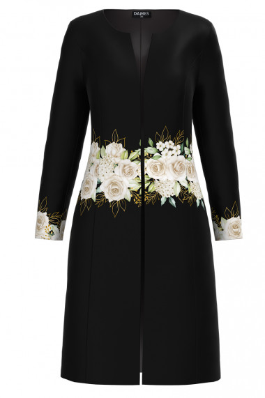 Jacheta de dama neagra lunga imprimata cu model Trandafiri CMD3295