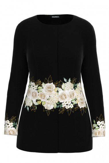 Jacheta de dama neagra de lungime medie imprimata cu model Floral CMD3413