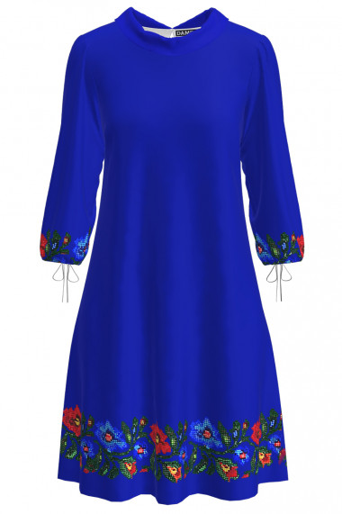 Rochie casual albastra cu maneca trei sferturi imprimata cu model floral traditional CMD3603