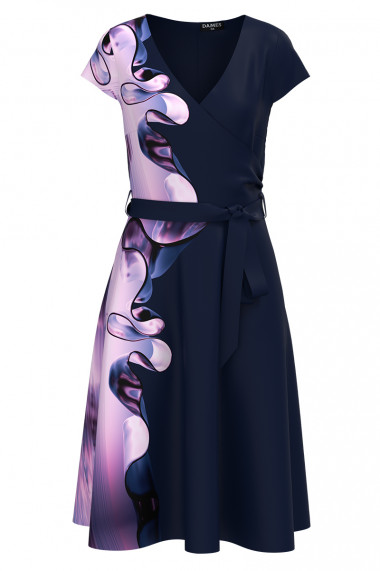 Rochie bleumarin de vara cu maneca scurta imprimata cu model abstract CMD4316