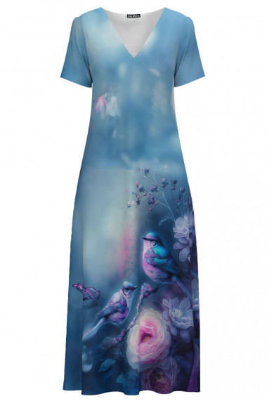 Rochie bleu lunga de vara cu buzunare imprimata Floral CMD4375
