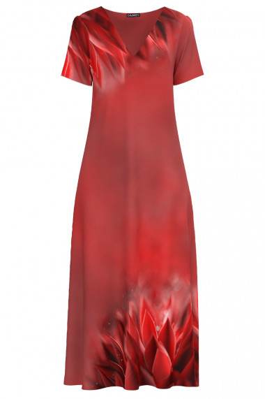 Rochie de vara lunga cu buzunare imprimata in nuante de rosu CMD4456