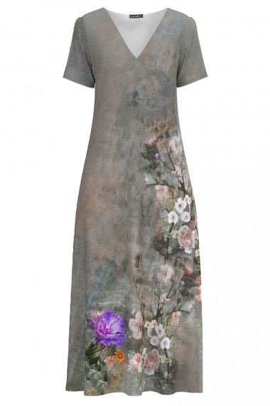 Rochie gri de vara lunga cu buzunare imprimata floral CMD4471