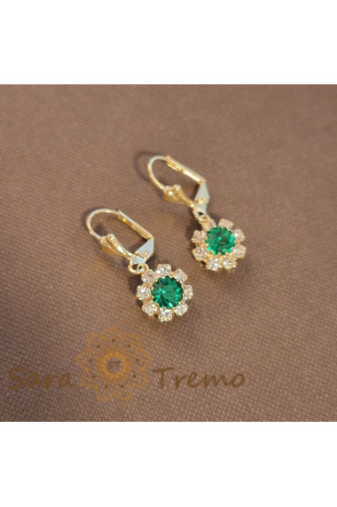 Cercei placati cu aur 18K cristale zirconia verde+albe in forma de floare