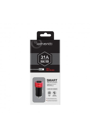 Incarcator Auto Type-C Lemontti 3.1A Dual USB Negru-Rosu (cablu detasabil)