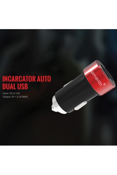 Incarcator Auto Type-C Lemontti 3.1A Dual USB Negru-Rosu (cablu detasabil)