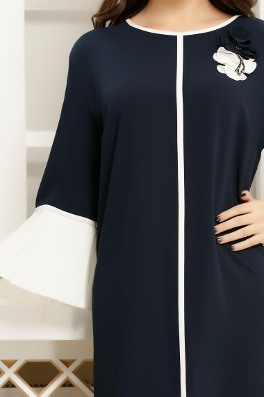 Rochie de zi midi Ejolie bleumarin cu mansete albe plisate tip clopot