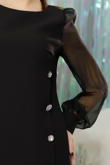 Rochie Amari neagra din stofa cu maneci lungi din voal transparent accesorizata cu nasturi decorativi