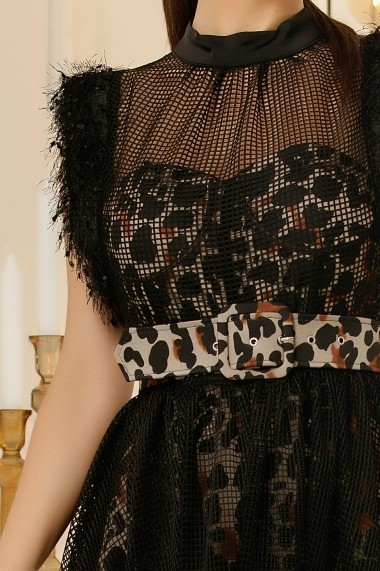 Rochie de seara lunga Ejolie neagra din plasa cu salopeta leopard