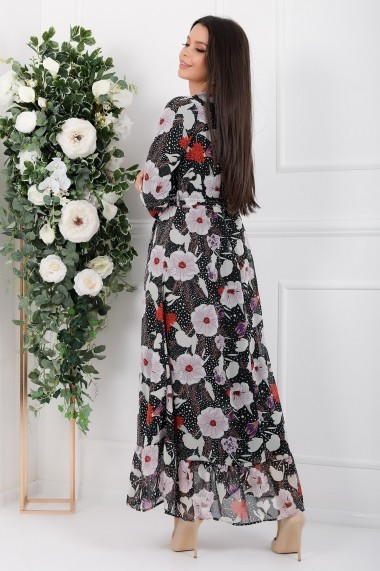 Rochie de zi lunga Ejolie neagra din voal cu flori roze
