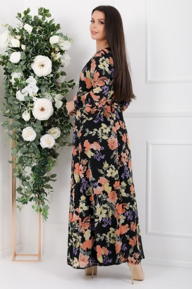 Rochie de zi lunga Ejolie neagra din voal cu flori