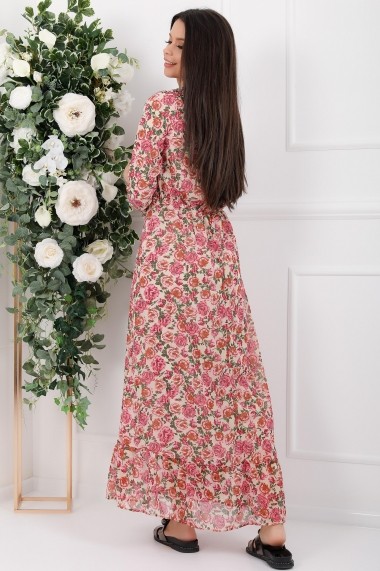 Rochie de zi lunga Ejolie alba din voal cu flori roze