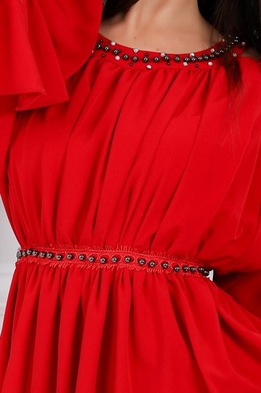 Rochie de zi midi Ejolie rosie cu maneci despicate cu detalii din dantela
