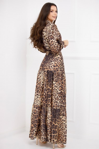 Rochie lunga Ejolie maro din bumbac cu imprimeu leopard