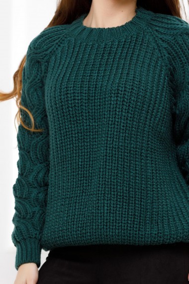 Pulover Brigita verde inchis din tricot cu torsade pe maneci