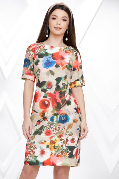 Rochie de zi Ejolie crem cu imprimeu floral multicolor