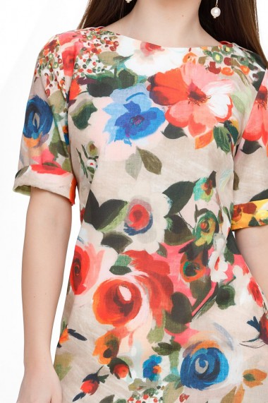 Rochie de zi Ejolie crem cu imprimeu floral multicolor