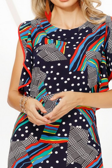 Rochie de zi mini Ejolie bleumarin cu buline si imprimeu colorat
