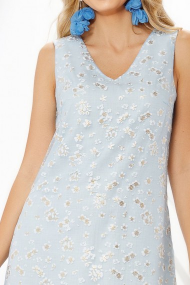 Rochie de zi mini Ejolie bleu din voal cu flori albe si aurii