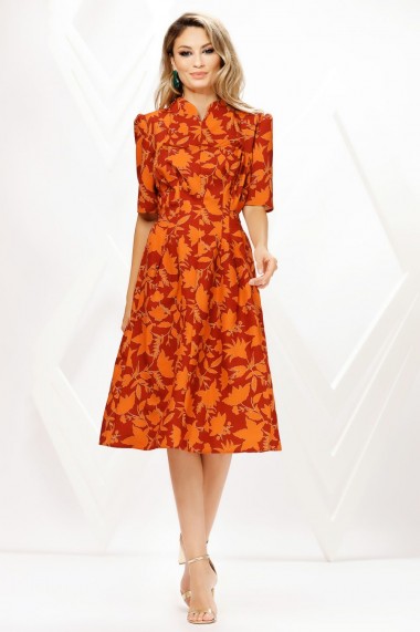 Rochie de zi midi Ejolie portocalie cu imprimeu din stofa cu cordon maxi