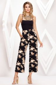 Pantaloni Mora negri cu imprimeu floral auriu
