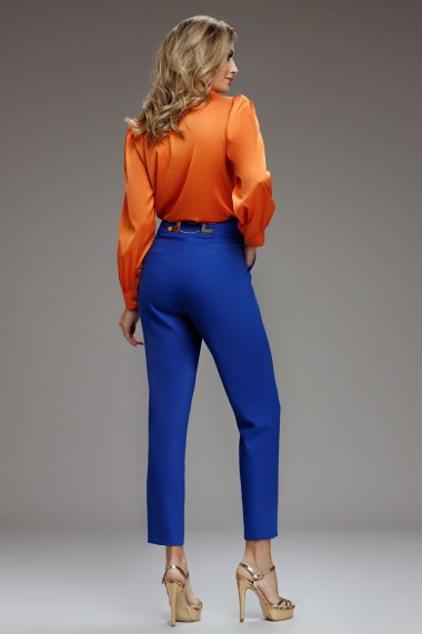Pantaloni Lara albastri cu accesoriu pe talie la spate