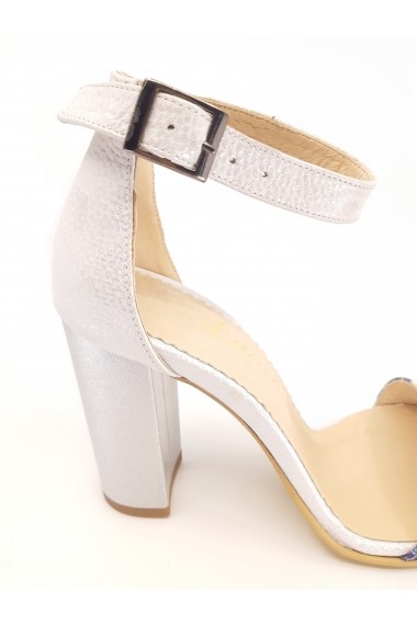 Sandale elegante argintii din piele naturala cu imprimeu flori