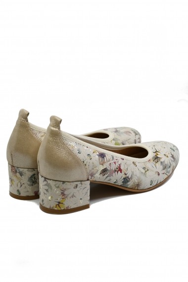 Pantofi cu toc dama bej cu imprimeu floral din piele naturala