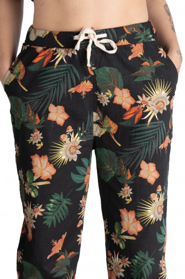 Pantaloni Dama Din Panza Topita Bumbac Cu Siret In Talie Motiv Floral Marime Mare