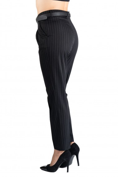 Pantaloni Dama Eleganti Negri cu Dungi Gri Kaylee