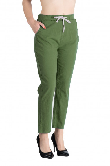 Pantaloni Dama Din Panza Topita Bumbac Cu Siret In Talie Verde Kaki