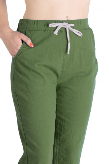 Pantaloni Dama Din Panza Topita Bumbac Cu Siret In Talie Verde Kaki