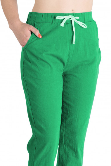 Pantaloni Dama Antonia Din Bumbac Racoros De Vara Cu Siret In Talie Verde Crud