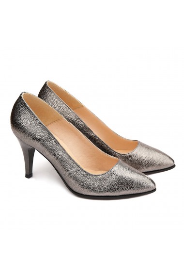 Pantofi cu toc dama eleganti din piele naturala argintie 4084